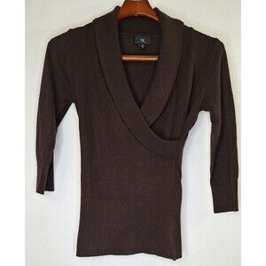 IZ BEYER Wrap Front Ribbed‎ Y2K Sweater Top Women's Sz M 3/4 Sleeve Classic Work